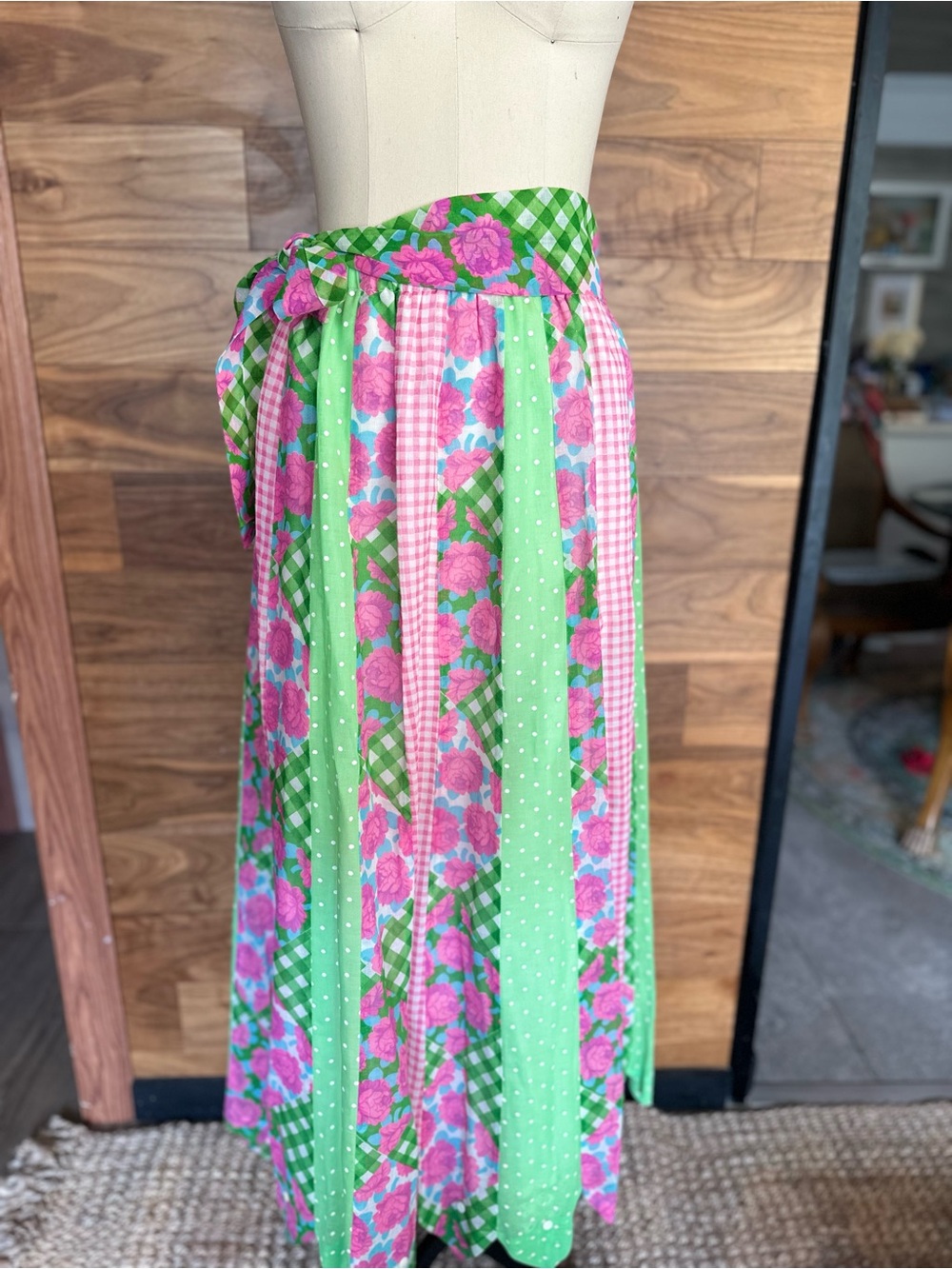 RARE VINTAGE Chessa Davis Green Pink Patchwork Maxi Skirt Floral with Tie Waist